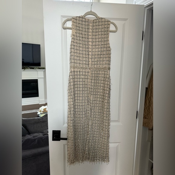 Mac Duggal Beige Sleeveless High neck beaded midi dress - Picture 7 of 16